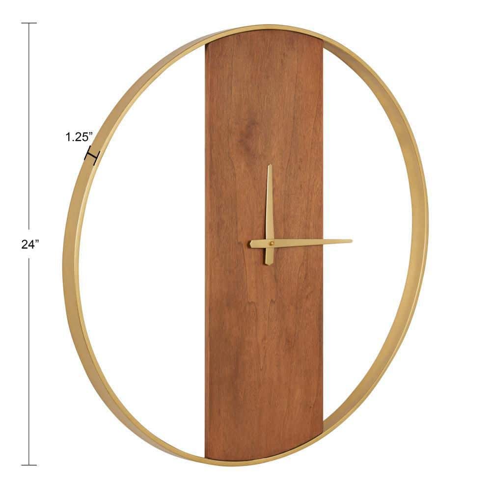 24" Walnut Brown and Gold Metal Round Wall Clock