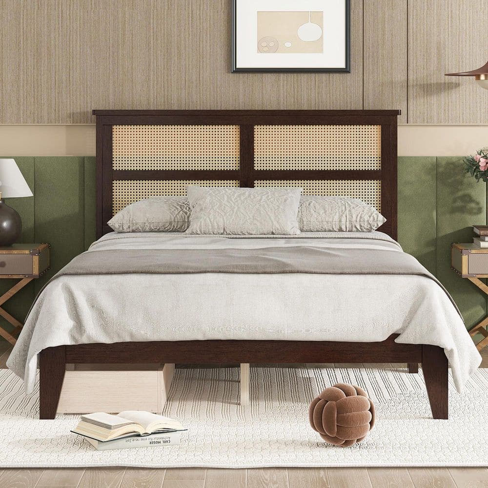 Espresso Brown Wood Frame Full Size Platform Bed with Rattan Headboard, 2 Drawers, Enhanced Support Slats and Feet