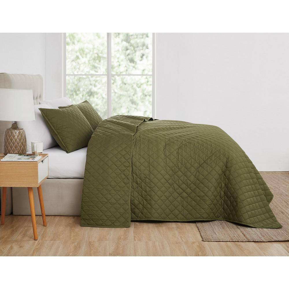 Olive Green Cotton Full Quilt Set with Shams