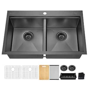 Gunmetal Black Stainless Steel 33 in. 18 Gauge Double Bowl Dual Mount Workstation Kitchen Sink