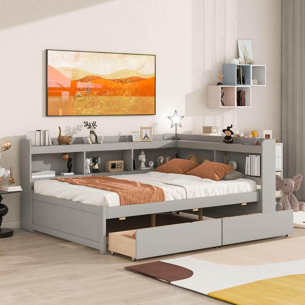Harper & Bright Designs Gray Full Size 1Piece Wood Frame Top Platform Bed with Lshaped