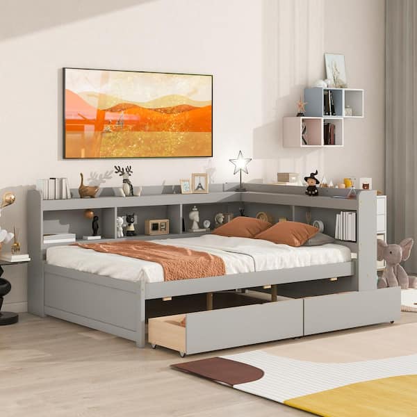 Harper & Bright Designs Gray Full Size 1-Piece Wood Frame Top Platform Bed with L-shaped Bookcase and 2-Drawers