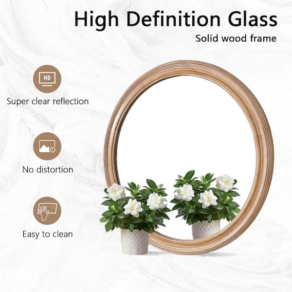 Natural 23.62 in W x 23.62 in H Round Farmhouse Distressed Wood Framed Wall Mirror Vanity Mirror