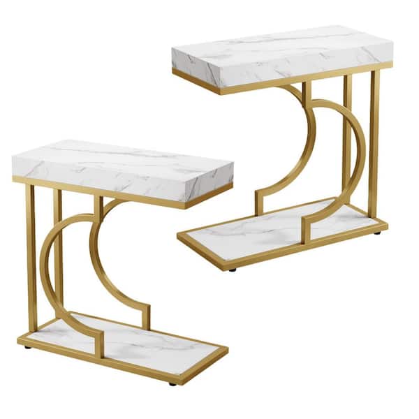 BYBLIGHT Kerlin 23.6 in. 2-Piece White and Gold C Shaped Wood Narrow Side Table Modern End Side Table with 2-Shelf