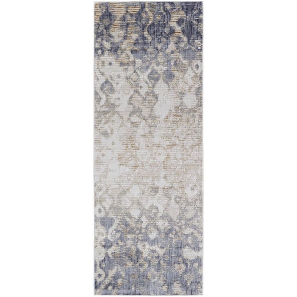 HomeRoots 3 ft. X 12 ft. Tan and Ivory and Blue Abstract Area Rug