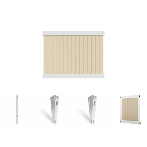Roosevelt 6 ft. H x 8 ft. W Two-Toned White and Sand Privacy Vinyl Fence Panel with 5 ft. Gate and Posts