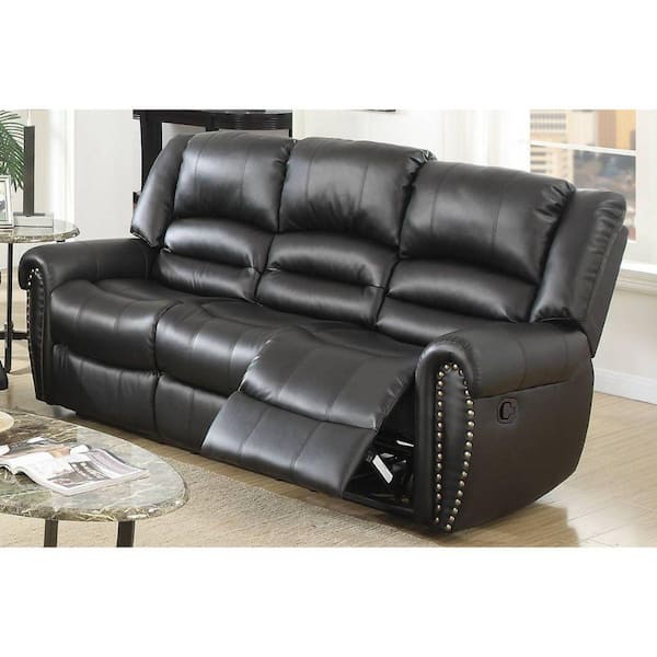 86 in. Round Arm Faux Leather 3-Seater Straight Sofa with Reclining in Black