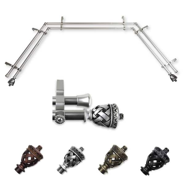 EMOH 13/16" Dia Adjustable 20"-36", 38"-72" Bay Window Double Curtain Rod with Pablo Finials in Satin Nickel