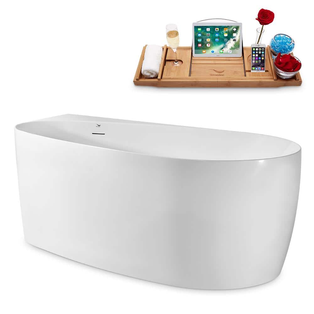 59" Glossy White Acrylic Freestanding Soaking Bathtub with Brushed Gold Trim