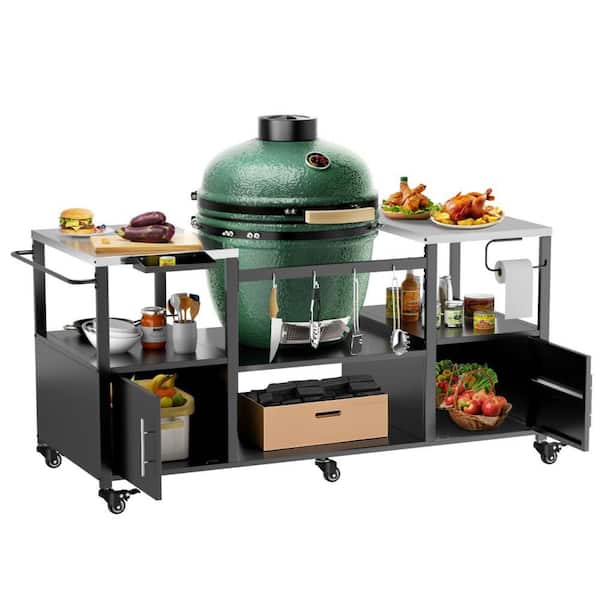 Outdoor Grill Table for Big Green Egg Style BBQ, Black BBQ Grill Cart with Storage, Fits Big Green Egg and Kamado Joe Jr