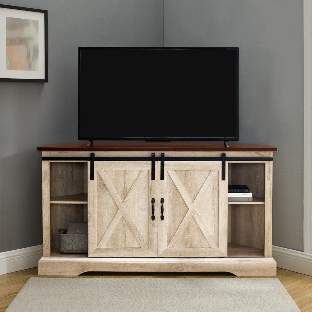 Traditional Brown and White Oak Corner TV Stand with Sliding Barn Doors