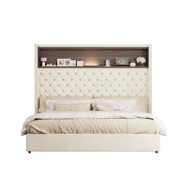 Nardel Beige Velvet Tufted Upholstered Wood Frame Queen Platform Bed with Wing-back Headboard, USB Port and Night Light