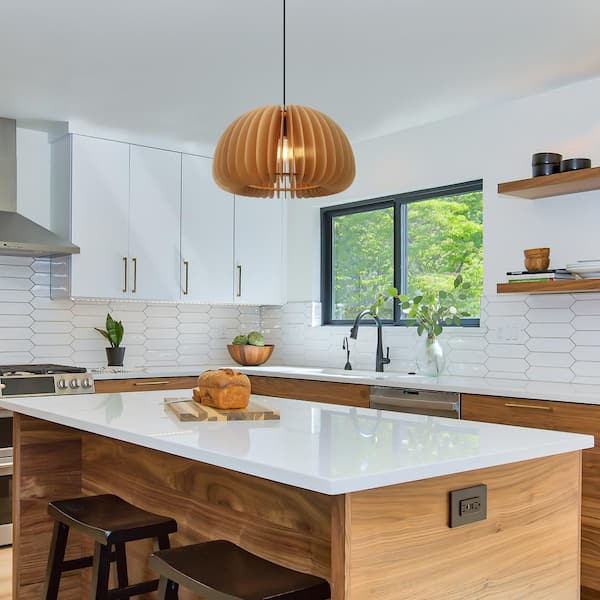 1-Light Natural Geometric Pendant Light Chandelier with Wooden Shade for Dining Room with No Bulbs Included