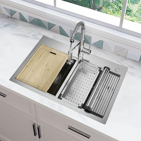 Professional Zero Radius 33 in Drop-In Double Bowl 16 G Stainless Steel Workstation Kitchen Sink with Spring Neck Faucet