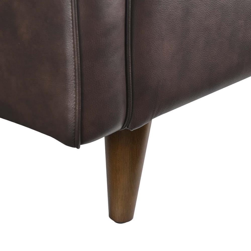 Mid-Century Genuine Leather Brown Loveseat with Walnut Legs