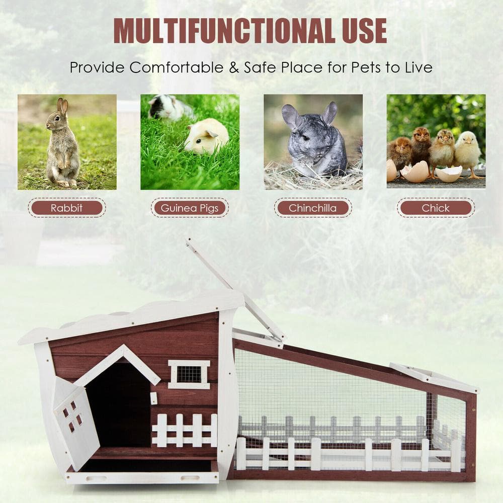 Red and White Wooden Rabbit Hutch with Pull Out Tray