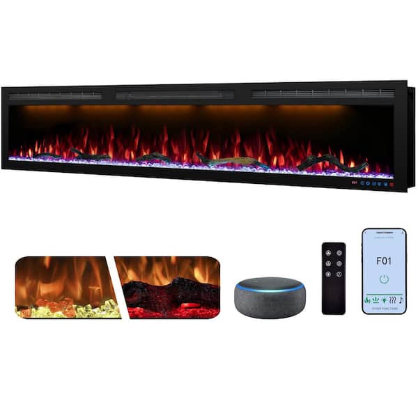 Delandgrand 72 in. WiFi Linear Electric Fireplace Insert, Wall Mounted with Realistic Crackling Sound, Multicolor Flames, Black