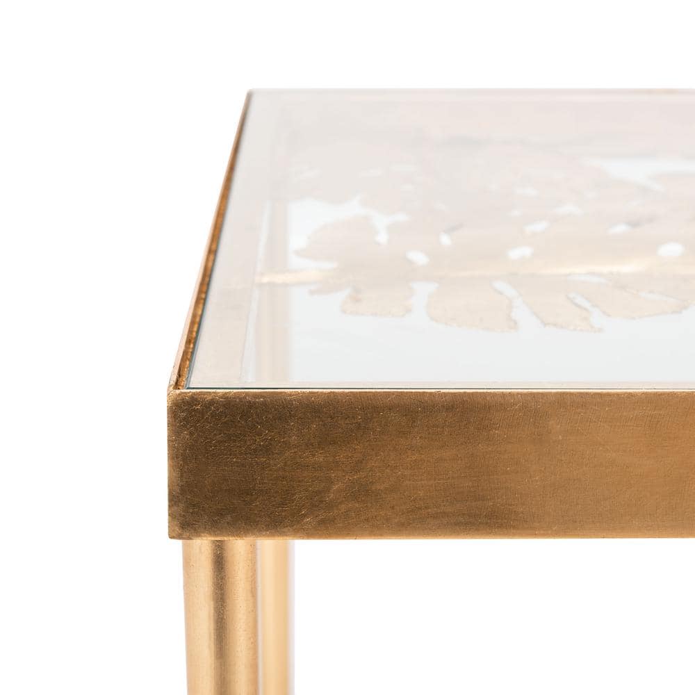 Elegant Gold Leaf Rectangular Glass Coffee Table with Palm Design
