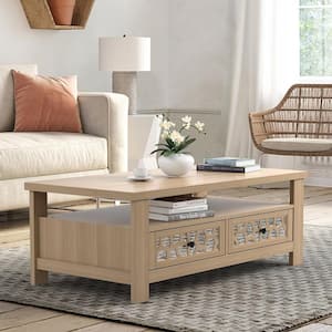 46 in. Oak Rectangle Wooden Coffee Table with 2-Drawers and Open Shelf Modern Wood Living Room Table