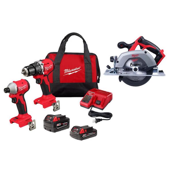 Milwaukee M18 18-Volt Lith-Ion Brushless Cordless Compact Hammer Drill/Impact Combo Kit w/(2) Batteries & M18 6-1/2 in. Circ Saw
