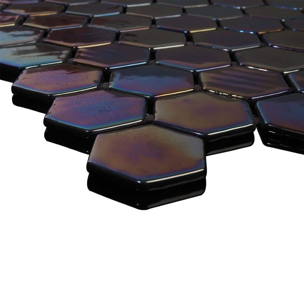 Glossy Midnight Black and Blue Hexagonal Glass Mosaic Tile