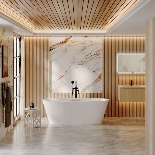 63 in. x 30 in. Solid Surface Stone Freestanding Soaking Bathtub in White with Brushed Nickel Tub Handle