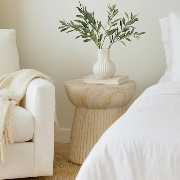 Archi 17in. Marbled White Short Round Resin Indoor Plant Stand with Fluted Design