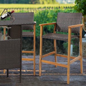 PE Wicker Outdoor Bar Stool Patio Bar Chairs with Acacia Wood Armrests (2-Pack)