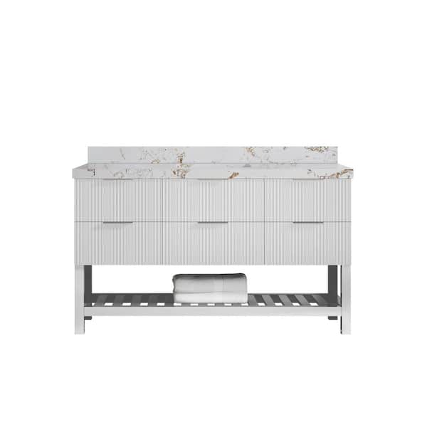 Willow Collections Catalina 60 in. W x 22 in. D x 36 in. H Single Sink Bath Vanity in White with 2 in. Viola Gold Quartz Top