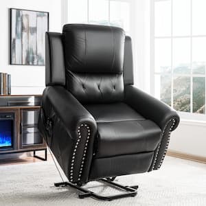 Oversized Black Air Leather Power Lift Recliner with Massage, Remote, Footrest, Studded & Tufted Detailing, Side Pocket