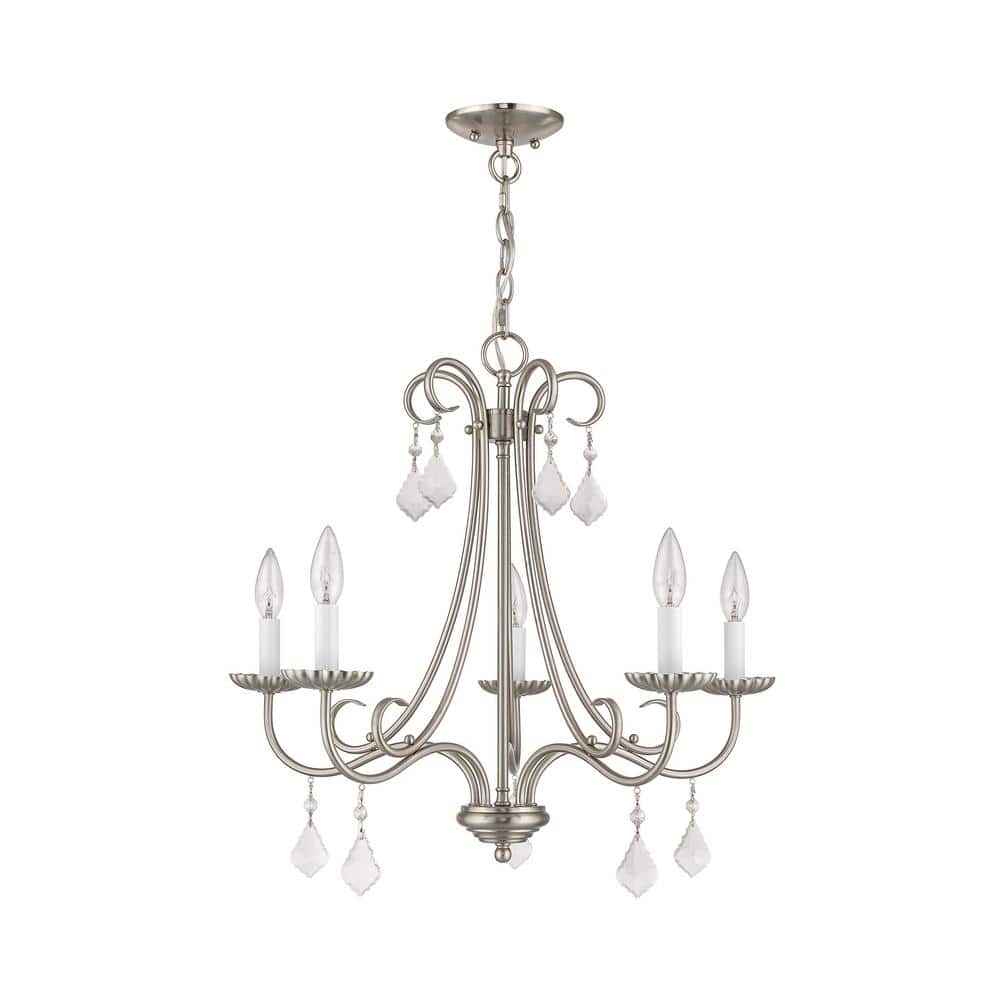 Elegant Brushed Nickel 5-Light Chandelier with Crystal Teardrops