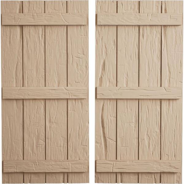 Ekena Millwork 22 in. x 66 in. Timberthane Polyurethane 4-Board Joined Board-n-Batten Hand Hewn Faux Wood Shutters Pair