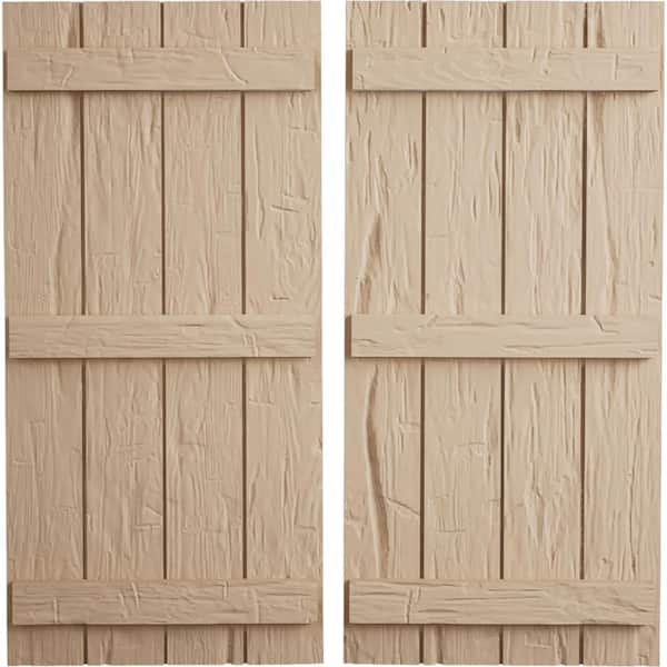 Ekena Millwork 22 in. x 86 in. Timberthane Polyurethane 4-Board Joined Board-n-Batten Hand Hewn Faux Wood Shutters Pair
