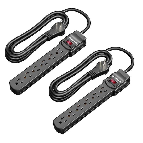 6 ft. 6-Outlet Power Strip Surge Protector, 800 J in Black (2-Pack)