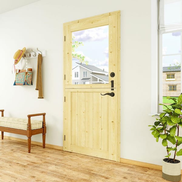 36 in. x 80 in. Solid Universal 1-Lite Clear Glass Unfinished Dutch Wood Prehung Front Door +Quick Assemble Jamb+lock