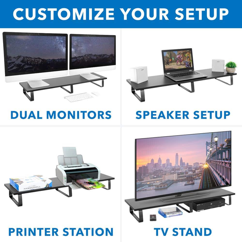 Extra Wide Black Steel and Wood Dual Monitor Stand