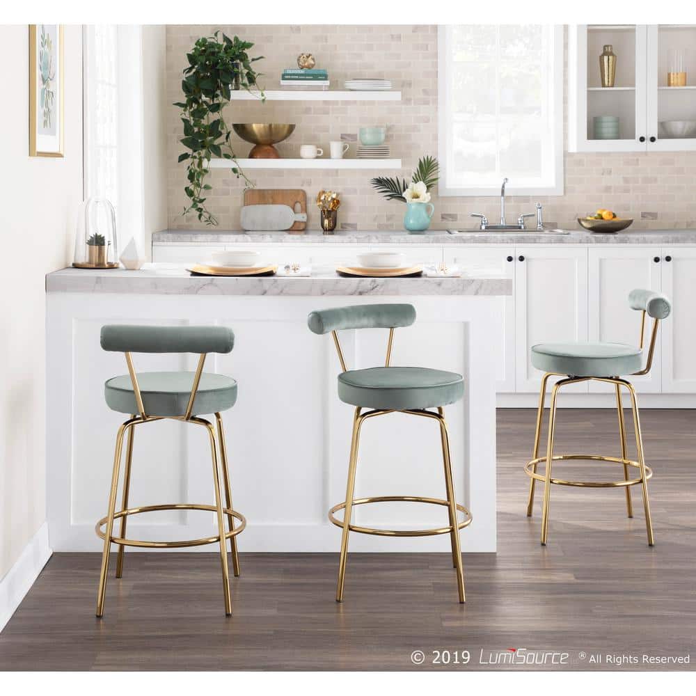 Sage Green Velvet Swivel Counter Stool with Gold Metal Frame