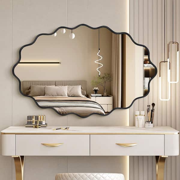 22 in. W x 30 in. H Oval Black Aluminum Alloy Framed Scalloped Wavy Wall Mirror