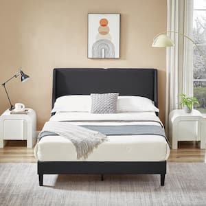 Upholstered Bed, Gray Metal Frame Full Platform Bed with Headboard and Wingback, USB and Type-C Ports