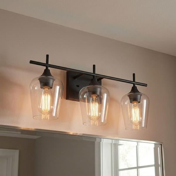 Octave 21 in. W x 9 in. H 3-Light Black Bathroom Vanity Light with Clear Glass Shades