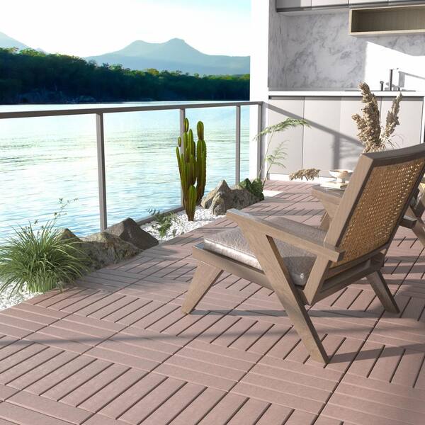 GOGEXX 12 in.W x 12 in.L Outdoor Striped Pattern Square Plastic PVC Interlocking Flooring Deck Tiles (Pack of 44 Tiles)in Brown