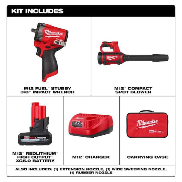 M12 FUEL 12V Li-Ion Brushless Cordless Stubby 3/8 in. Impact Wrench Kit w/ 5.0 Ah High Output Battery and Spot Blower