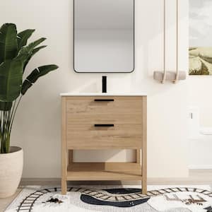 30 in. W x 18.3 in. D x 33.5 in. H Freestanding Bath Vanity in Light Brown with White Ceramic Top