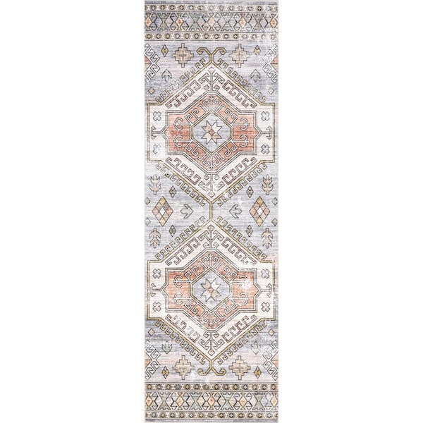 nuLOOM Mae Machine Washable Tribal Motif Light Grey 2 ft. 6 in. x 8 ft. Indoor Runner Rug