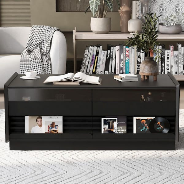 47.2 in. Black Rectangle MDF Wood Coffee Table with 4 Drawers and 2 Display Shelves