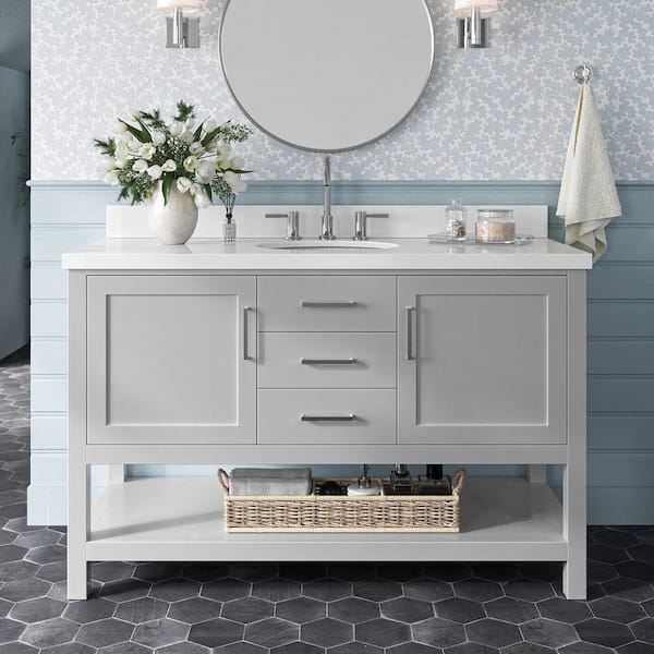 ARIEL Bayhill 55 in. W x 22 in. D x 36 in. H Bath Vanity in Grey with Pure White Quartz Top