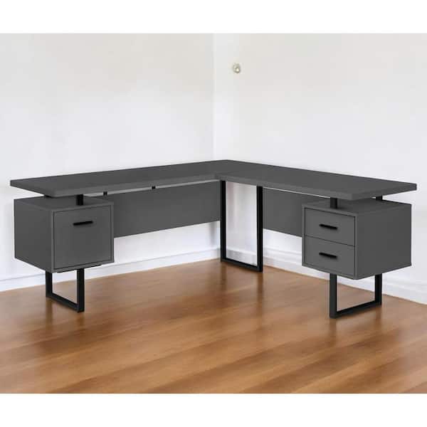 HomeRoots 71 in. L-Shaped Dark Gray Metal 3-Drawer Computer Desks