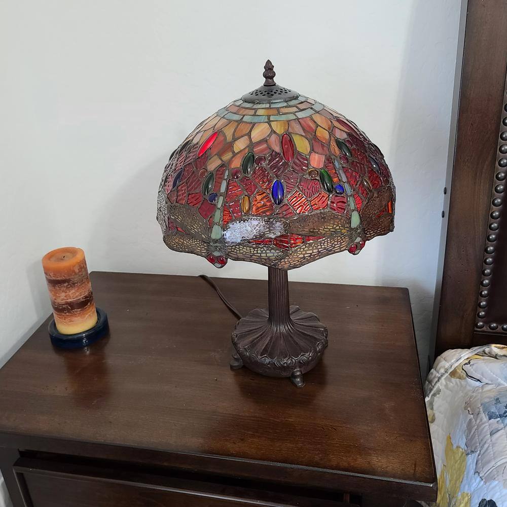 Elegant Bronze Dragonfly 14" Stained Glass Table Lamp