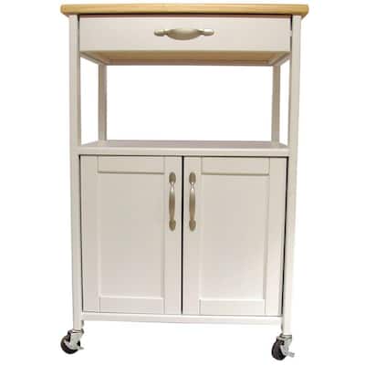 Cottage White Kitchen Cart with Natural Wood Top