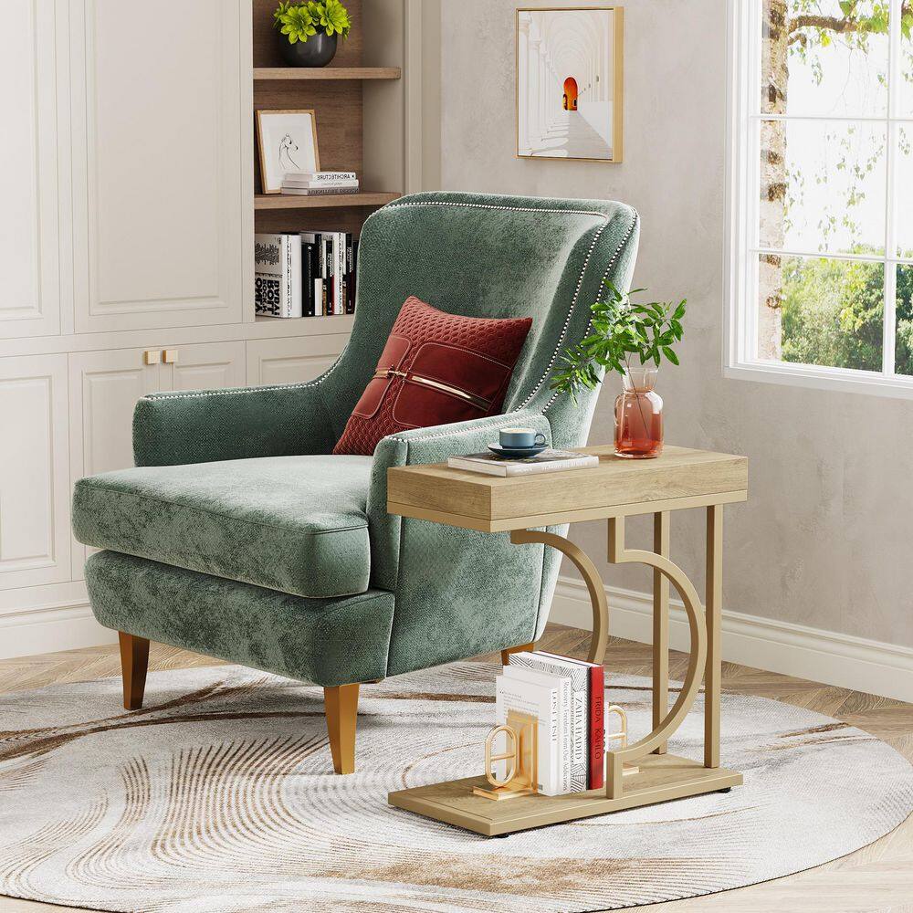 Kerlin 23.6 in. 1 PCS Brown C Shaped Rectangle Wood Narrow Side Table Modern End Side Table with 2-Shelf